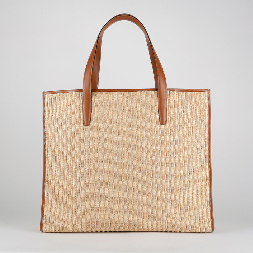 Logo Leather Trimmed Raffia Tote