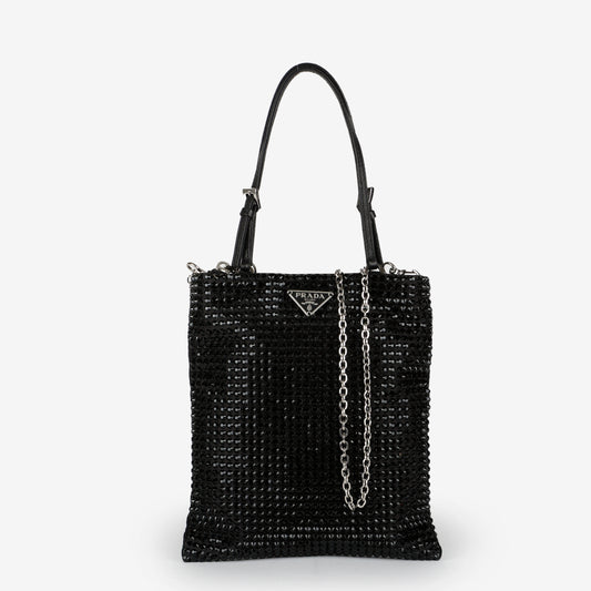 Crystal Embellished Satin Tote Black