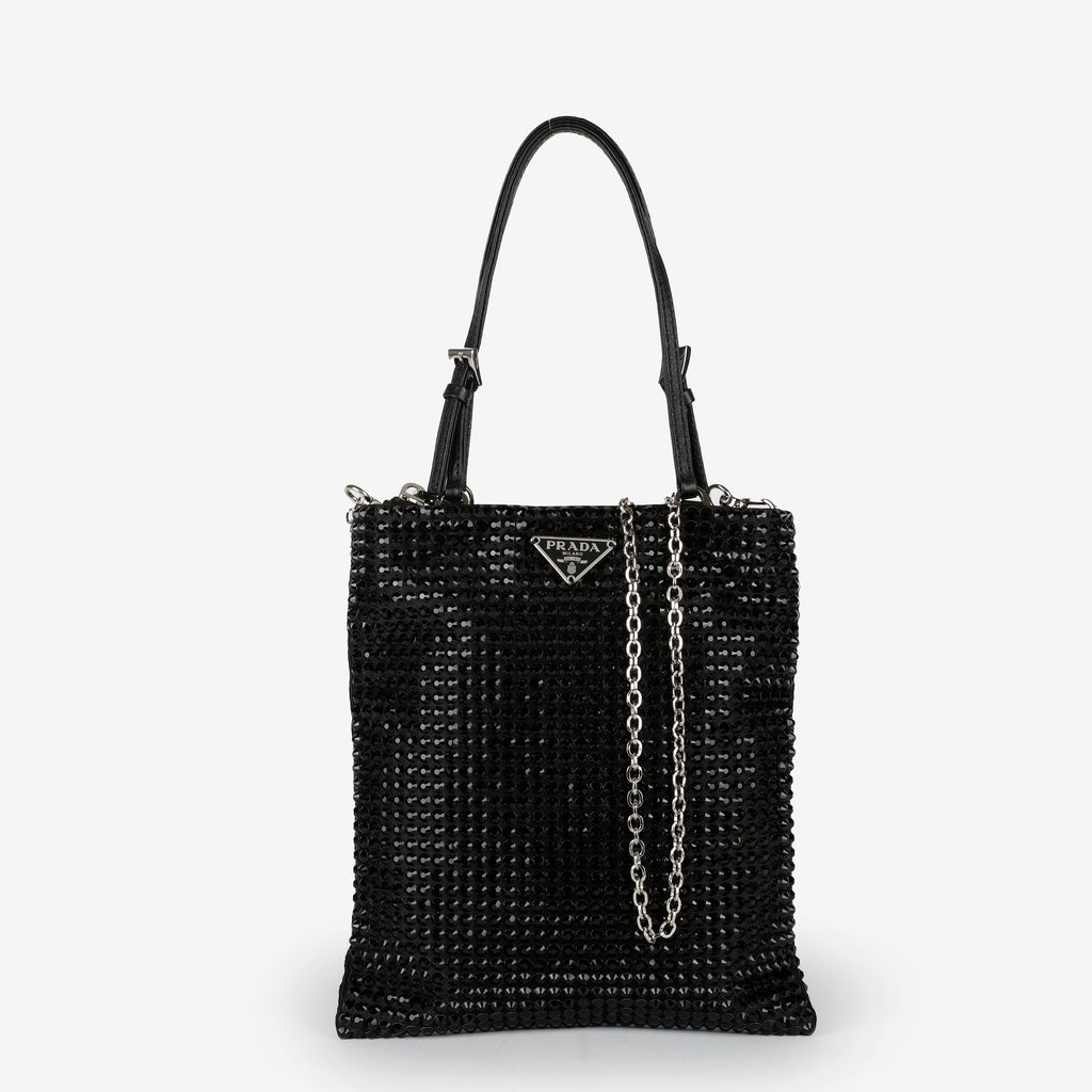 Crystal Embellished Satin Tote Black