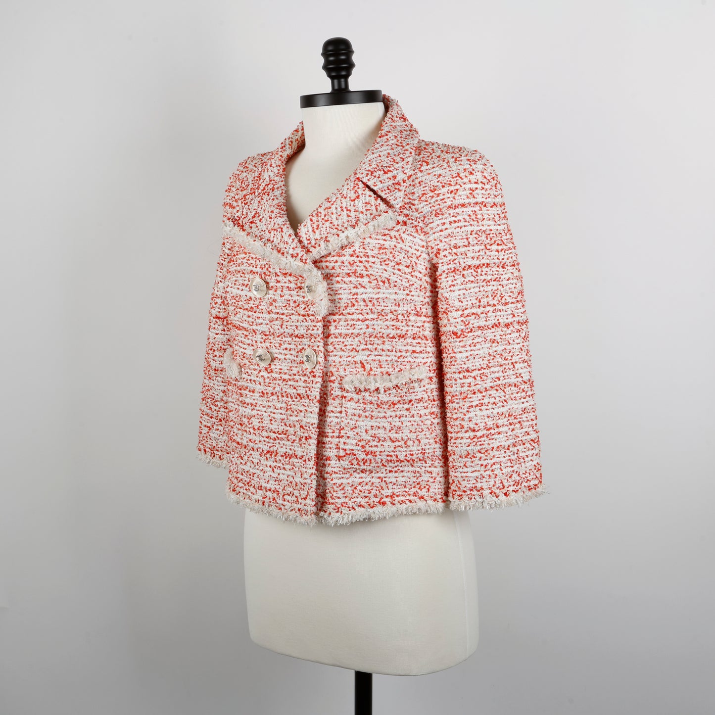Coral Red White Cropped Tweed Jacket