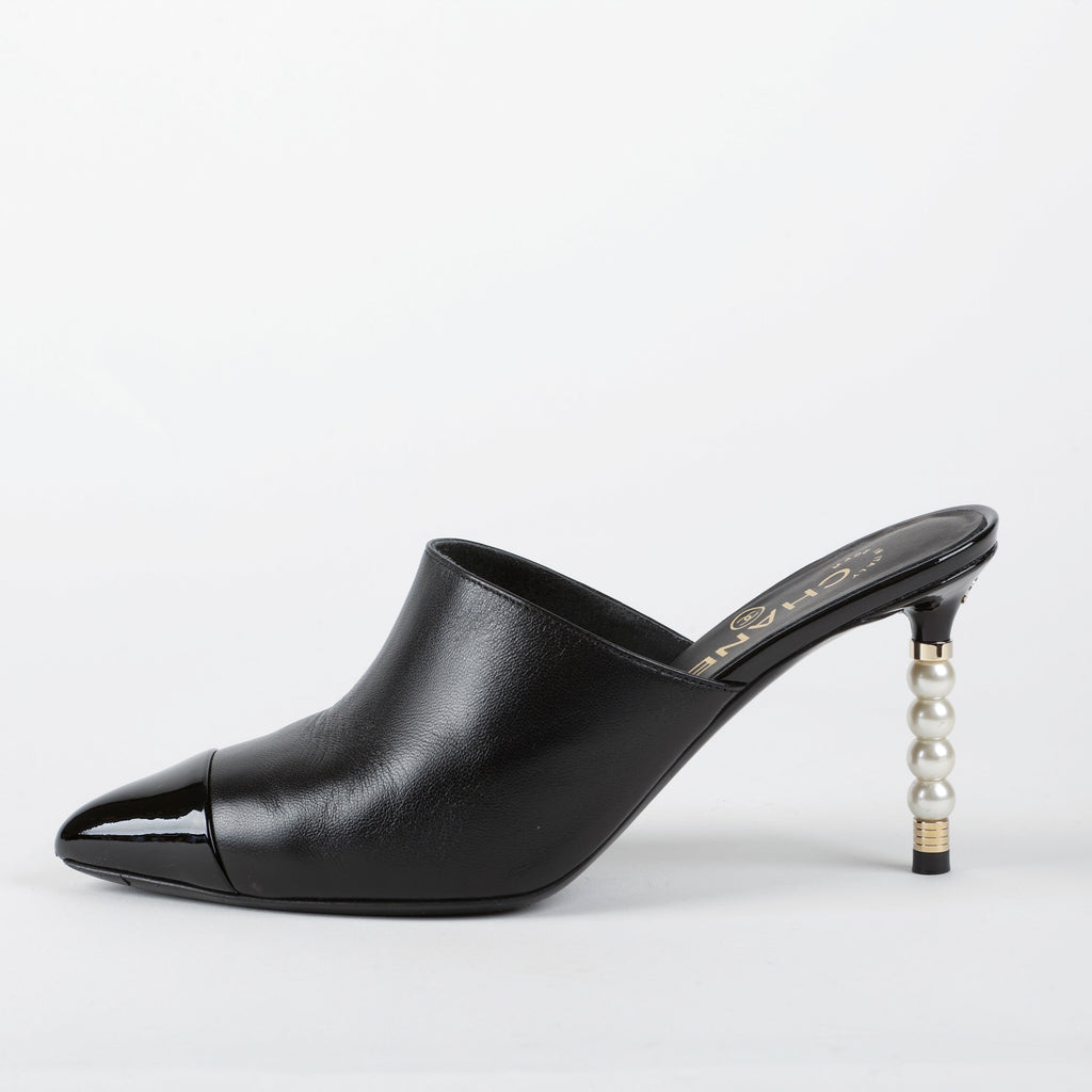 Black Pointed Toe Heeled Mule with Pearls