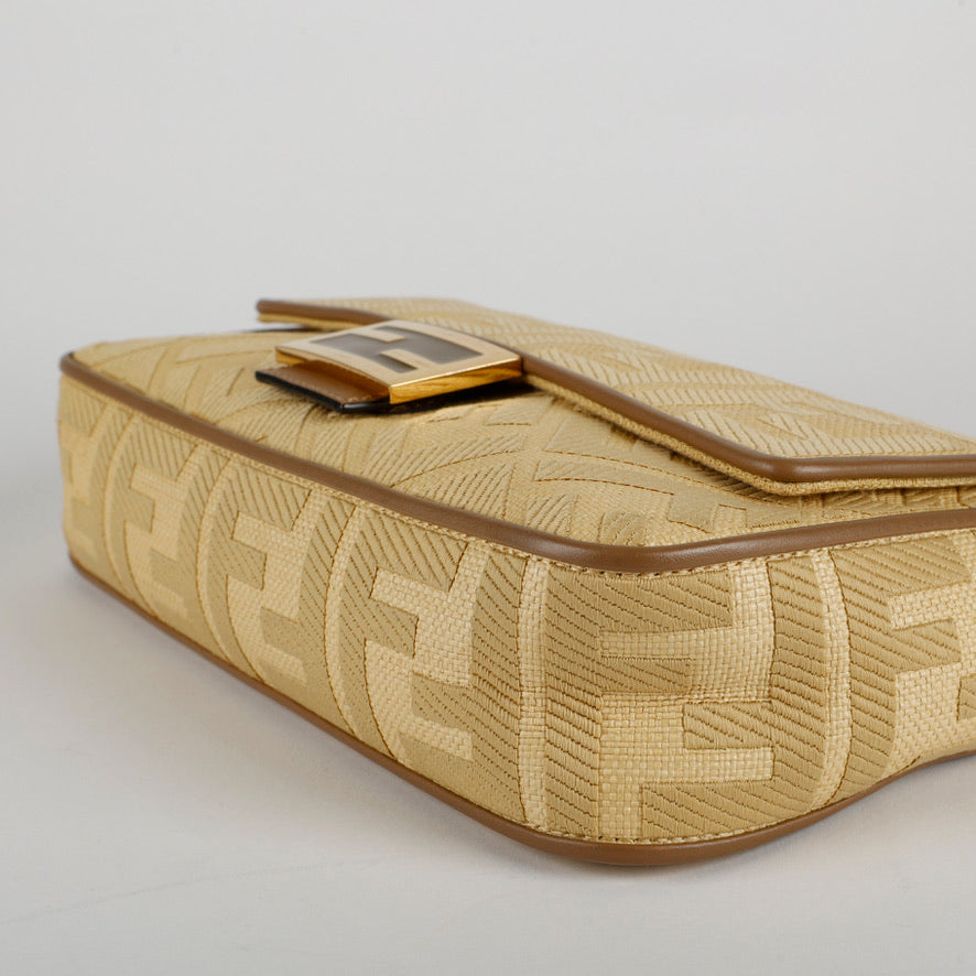 Medium Embroidered Raffia Baguette Beige Brown