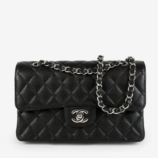 Black Caviar Small Double Flap Silver Hardware