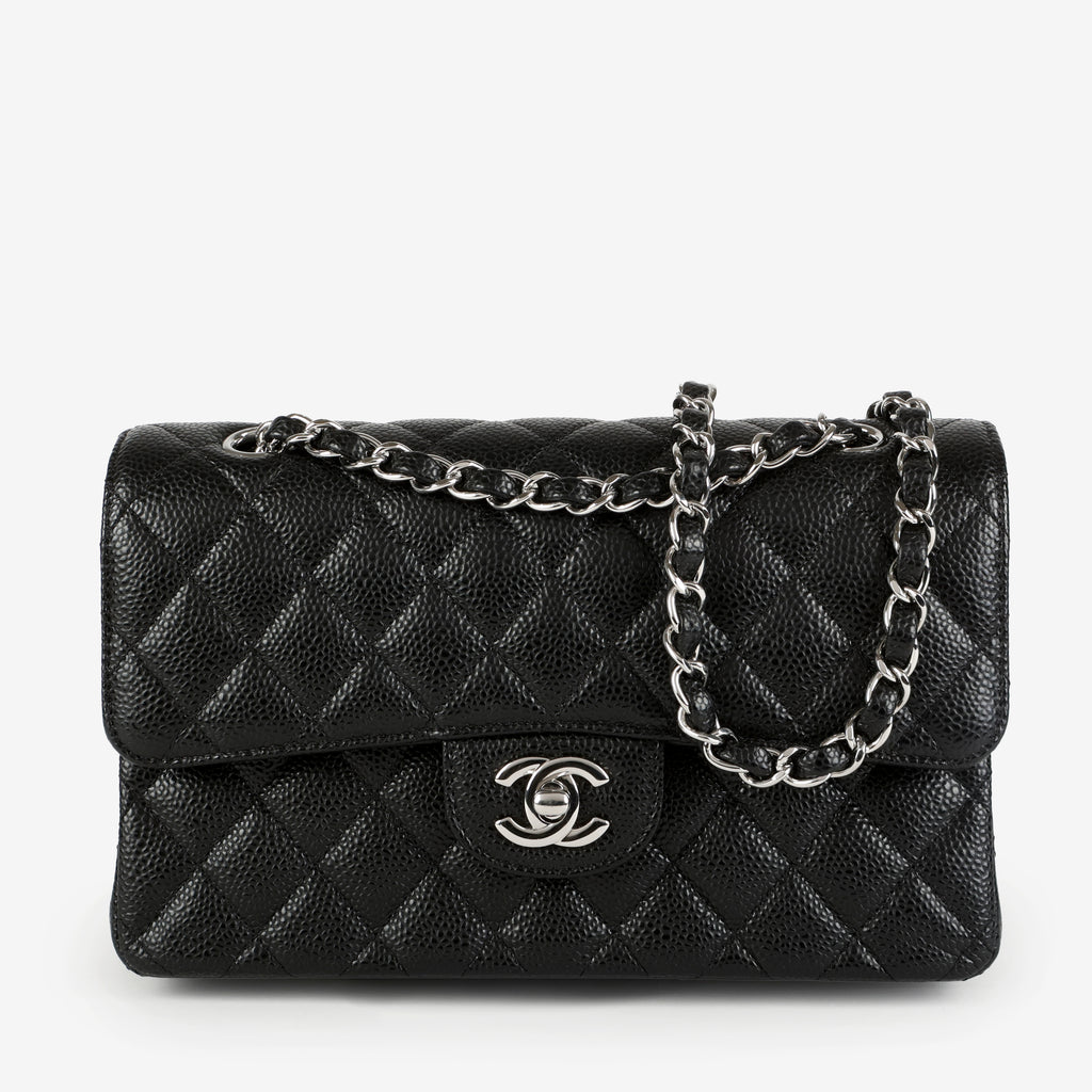 Black Caviar Small Double Flap Silver Hardware