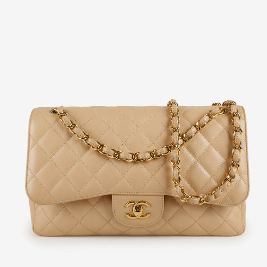 Beige Claire Caviar Jumbo Double Flap, Gold Hardware
