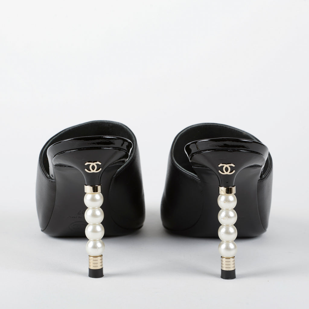 Black Pointed Toe Heeled Mule with Pearls
