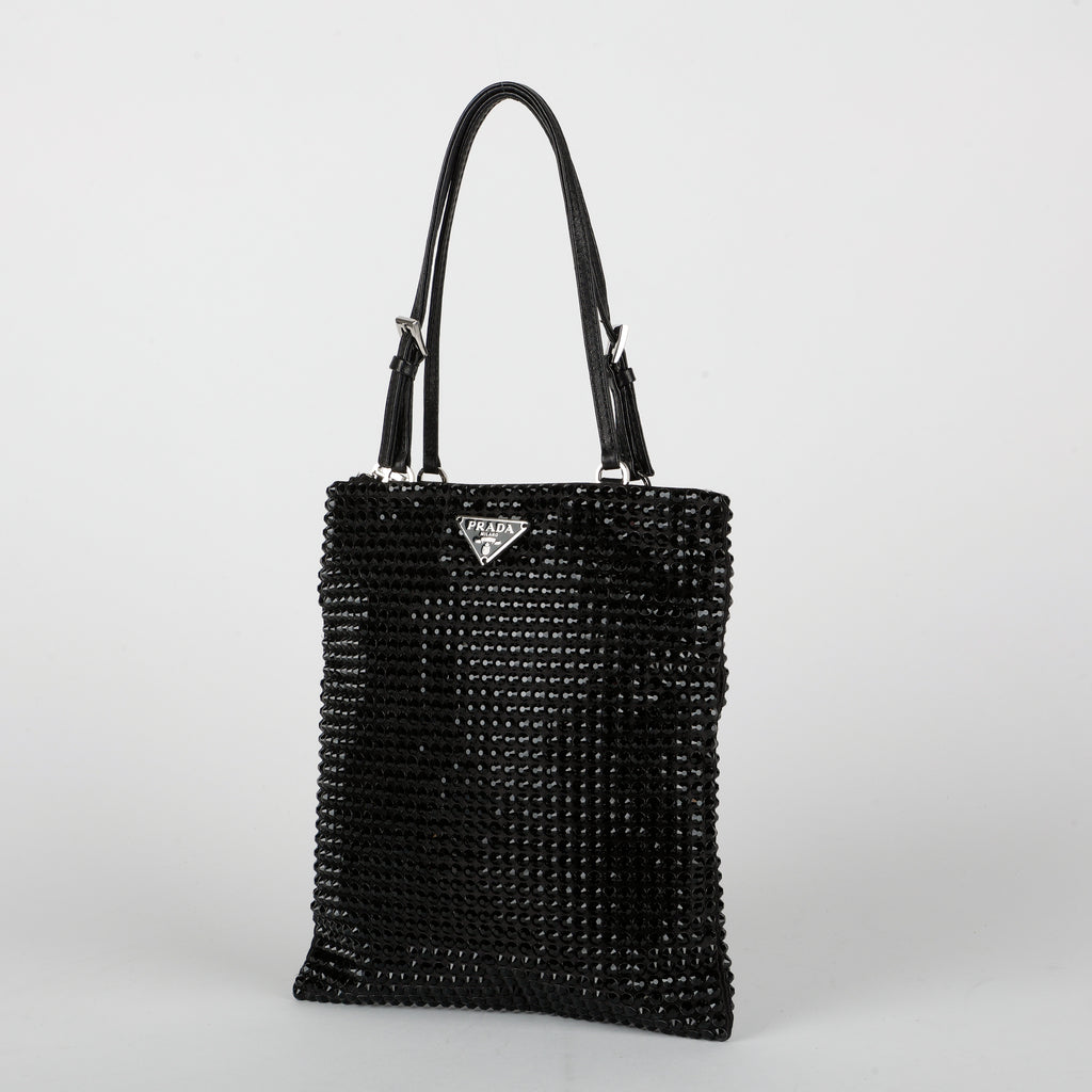 Crystal Embellished Satin Tote Black