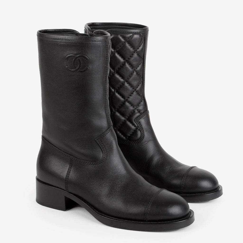 Mid Calf Quilted Leather Boots | Size 37.5