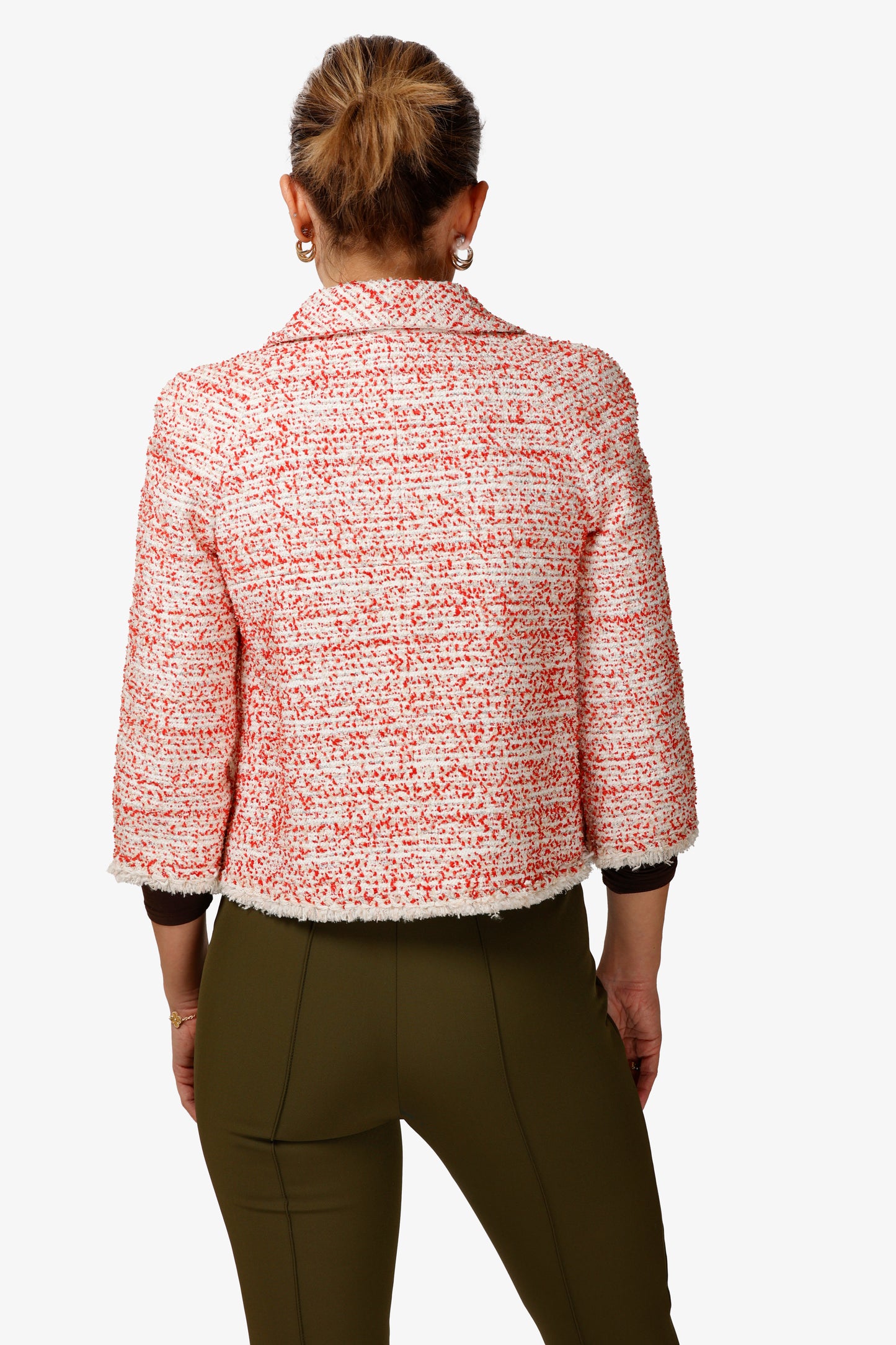 Coral Red White Cropped Tweed Jacket