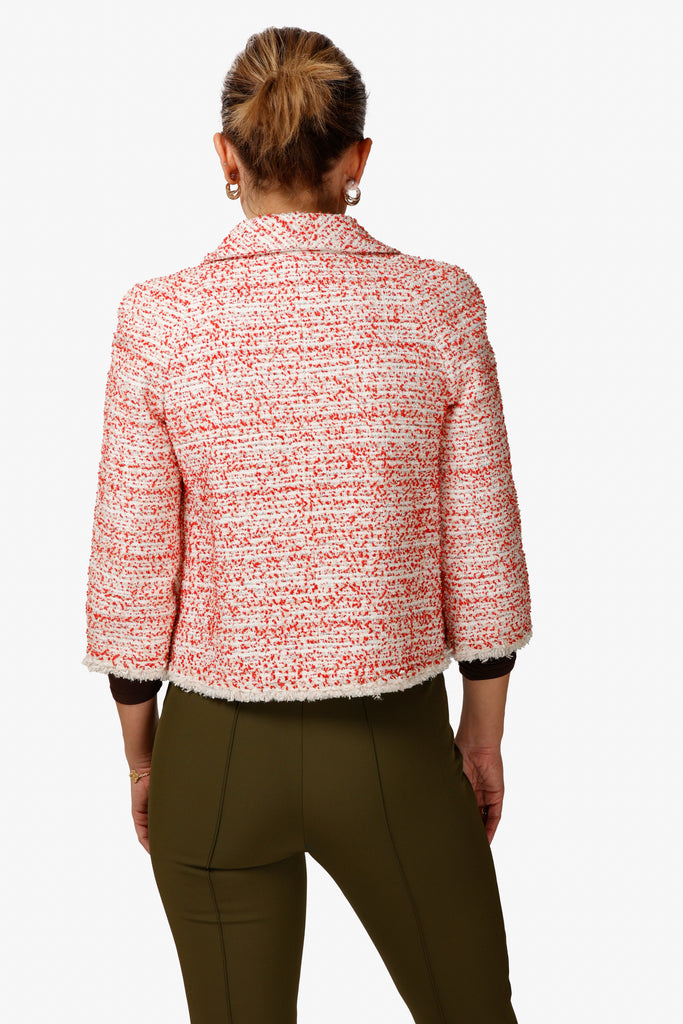 Coral Red White Cropped Tweed Jacket