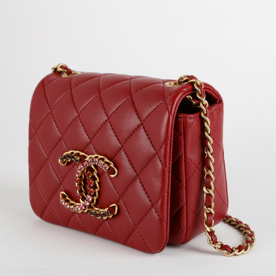 Mini Crystal CC Flap Bag, Burgundy Lambskin