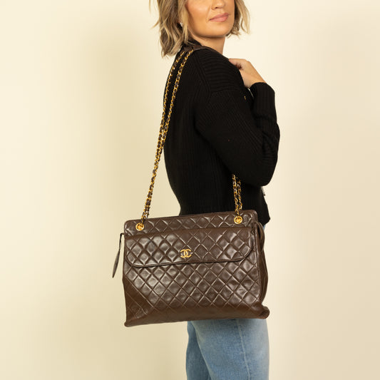 1989 Lambskin Quilted Chain Tote, Brown 7927