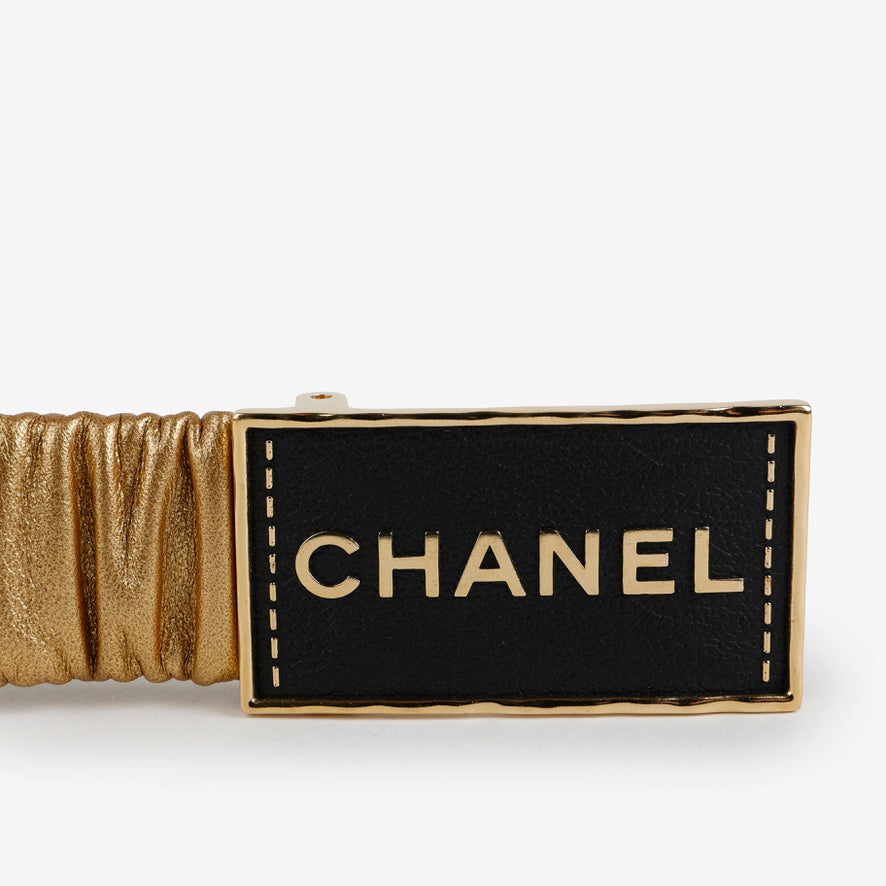 Gold Metallic Lambskin Ruched Logo Belt Size 75