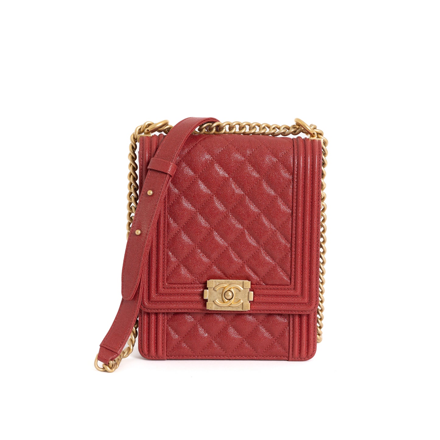 North South Boy Bag Red Caviar Brushed Gold 7585