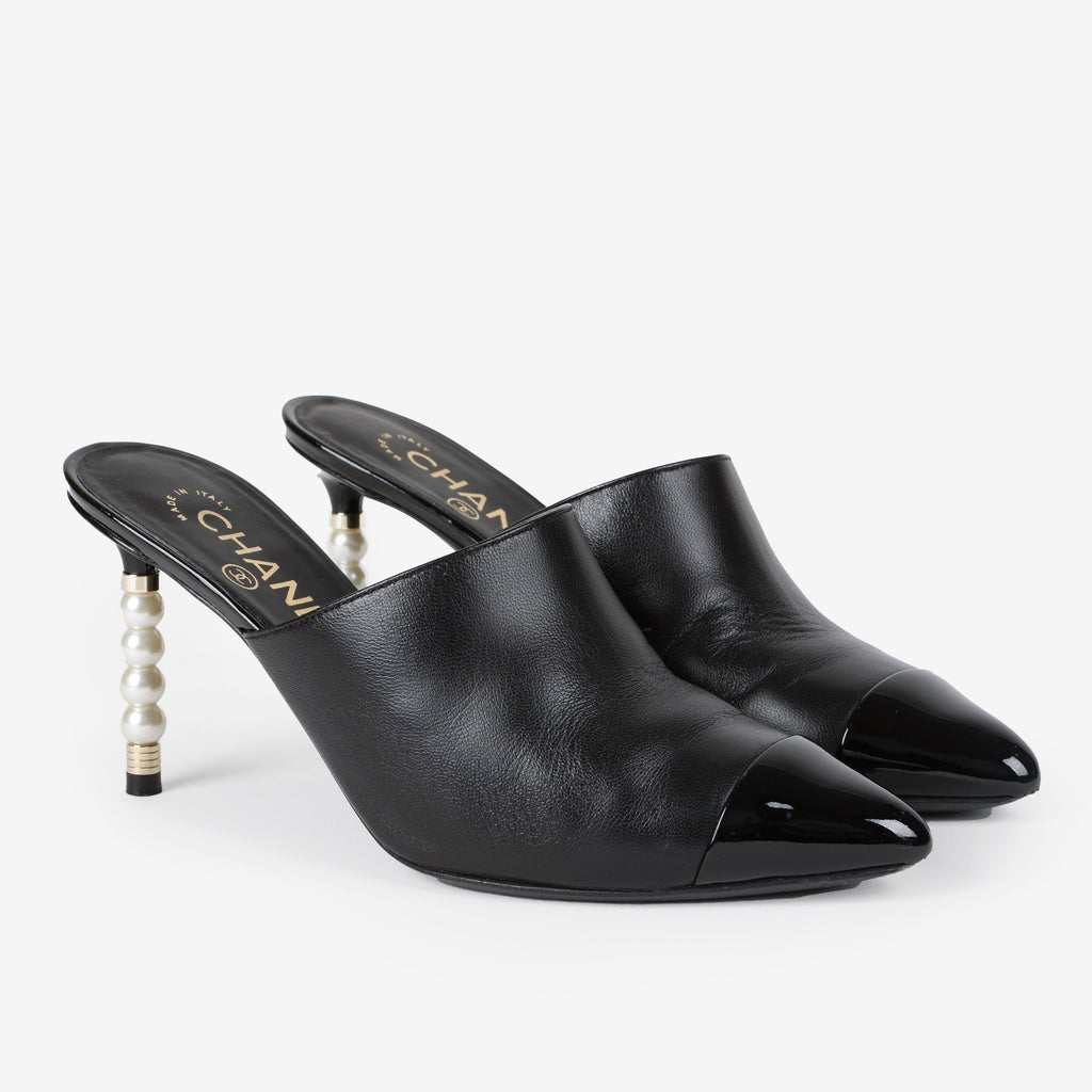 Black Pointed Toe Heeled Mule with Pearls