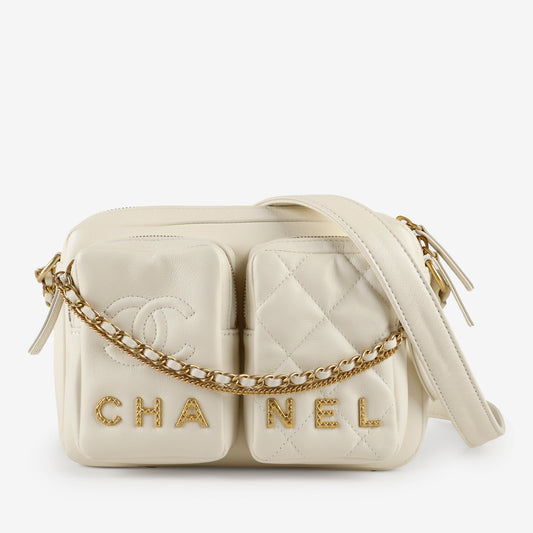 Small Camera Bag, White Lambskin