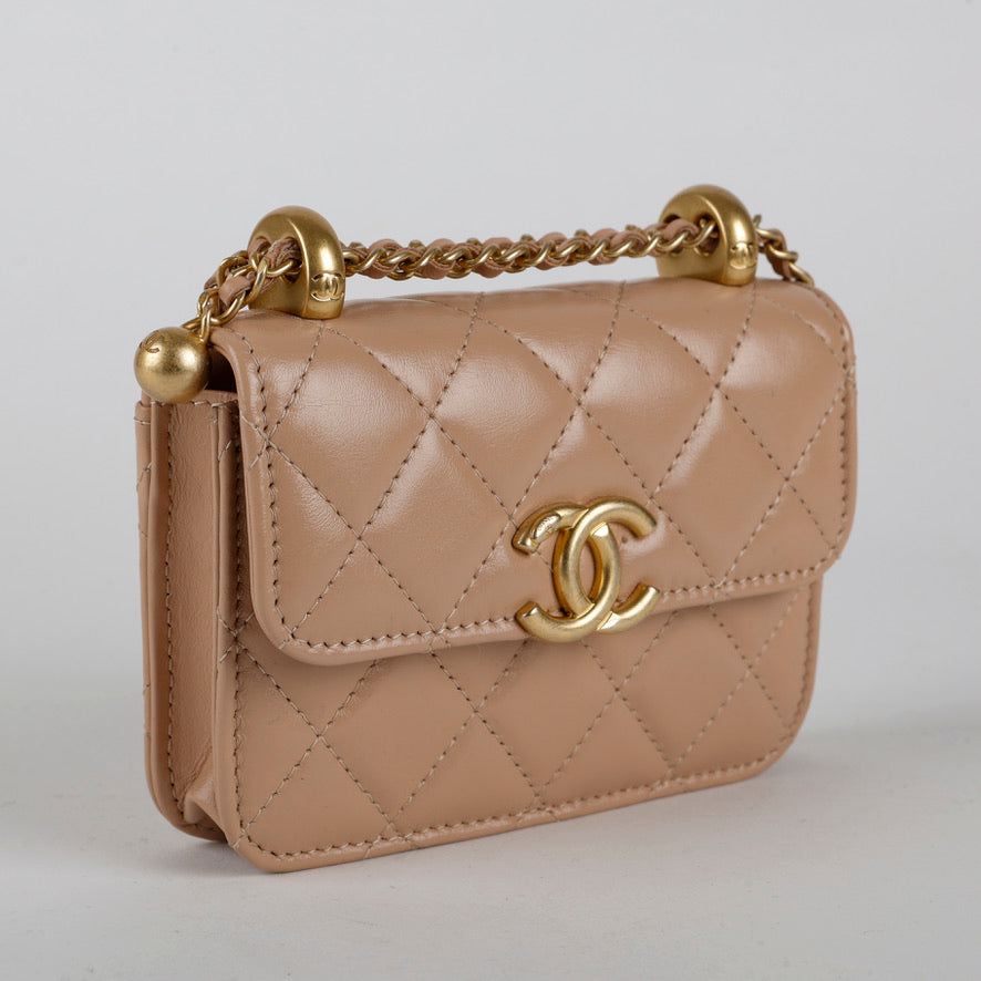 My Way Beige Calfskin Mini Card Holder on Chain