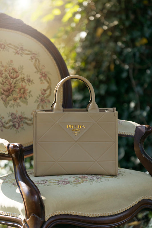 Small Symbole Shopper Tote, Beige Embossed Calfskin