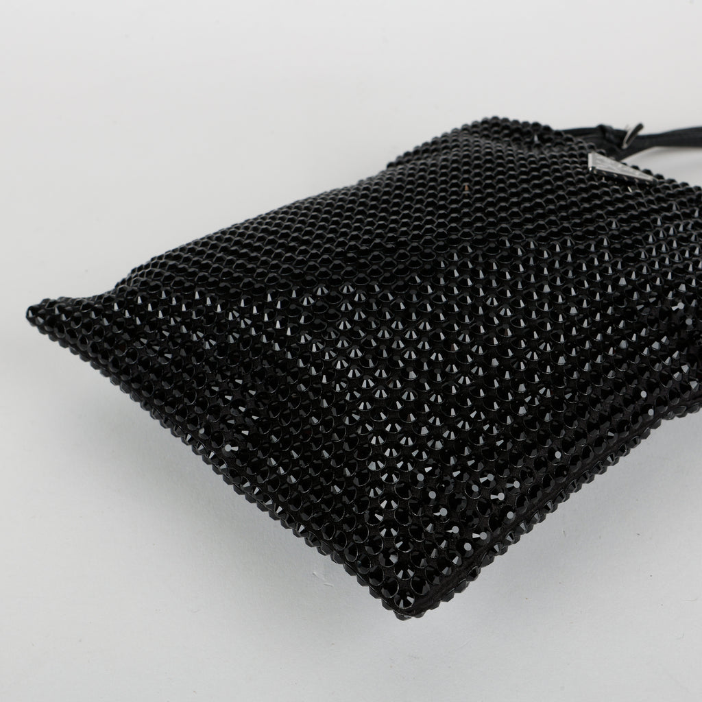 Crystal Embellished Satin Tote Black