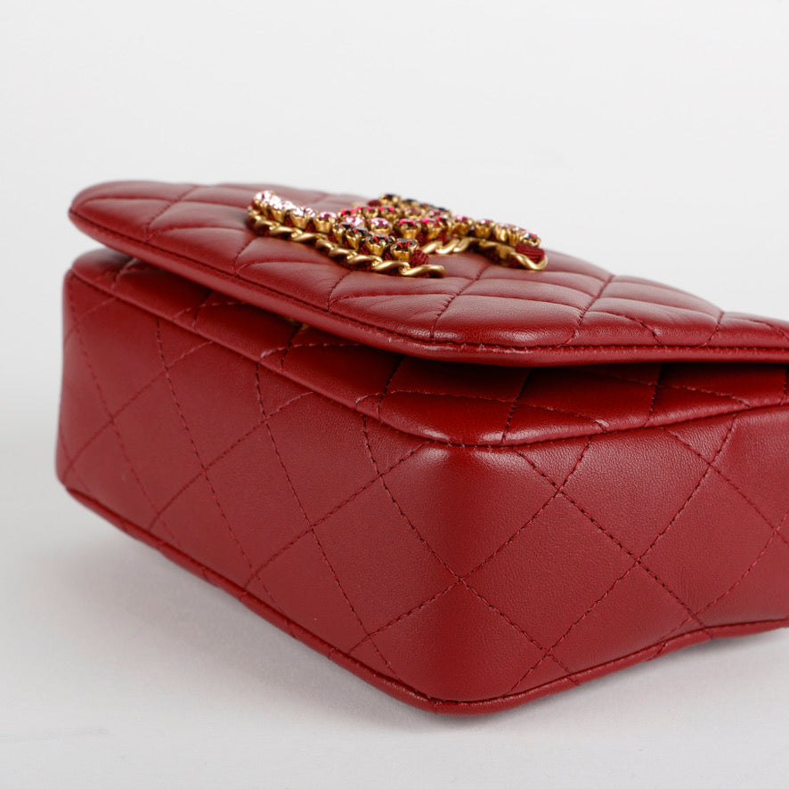 Mini Crystal CC Flap Bag, Burgundy Lambskin