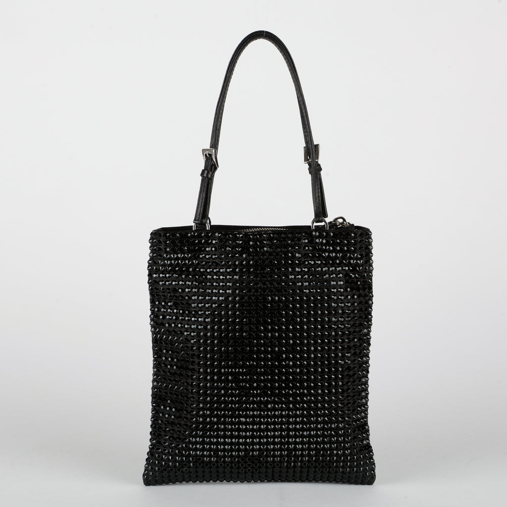 Crystal Embellished Satin Tote Black