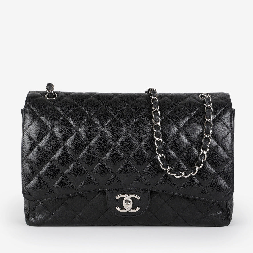 Maxi Double Flap, Black Caviar Silver Hardware
