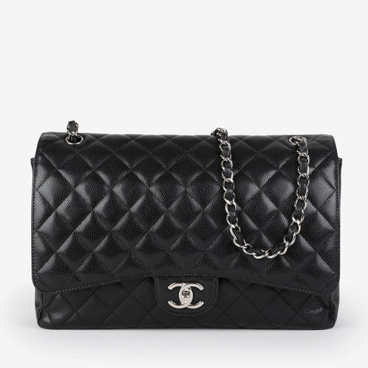 Maxi Double Flap, Black Caviar Silver Hardware