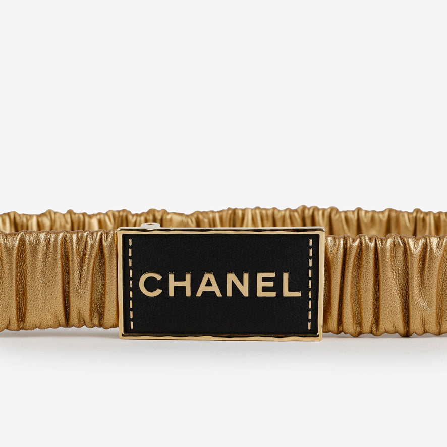 Gold Metallic Lambskin Ruched Logo Belt Size 75