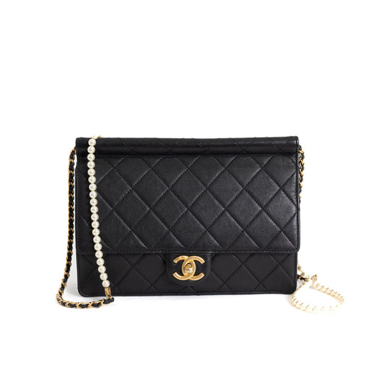 Calfskin Quilted Flap Bag with Pearl Strap 2836