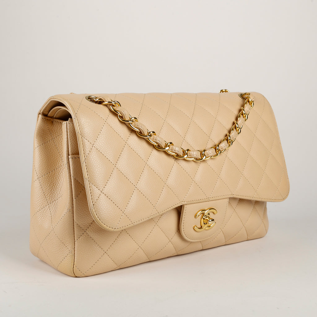 Beige Claire Caviar Jumbo Double Flap, Gold Hardware