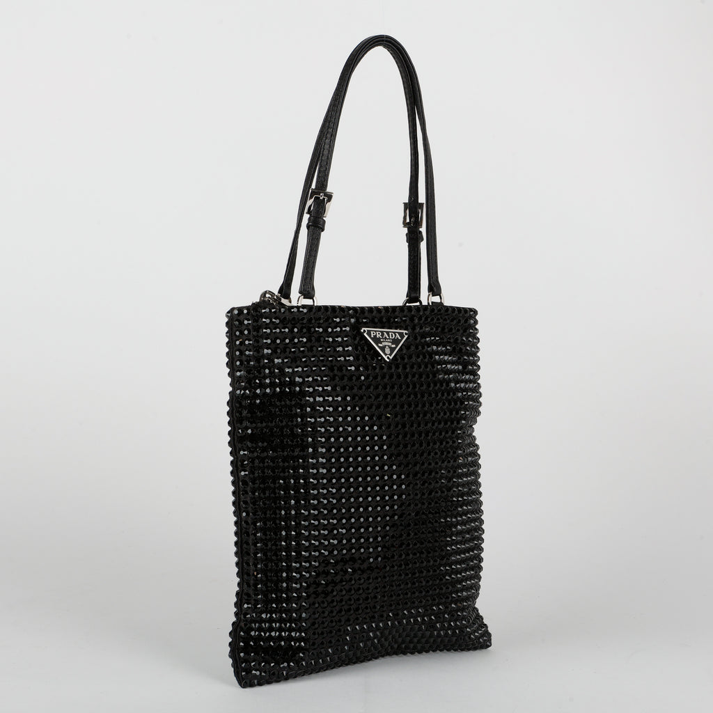 Crystal Embellished Satin Tote Black