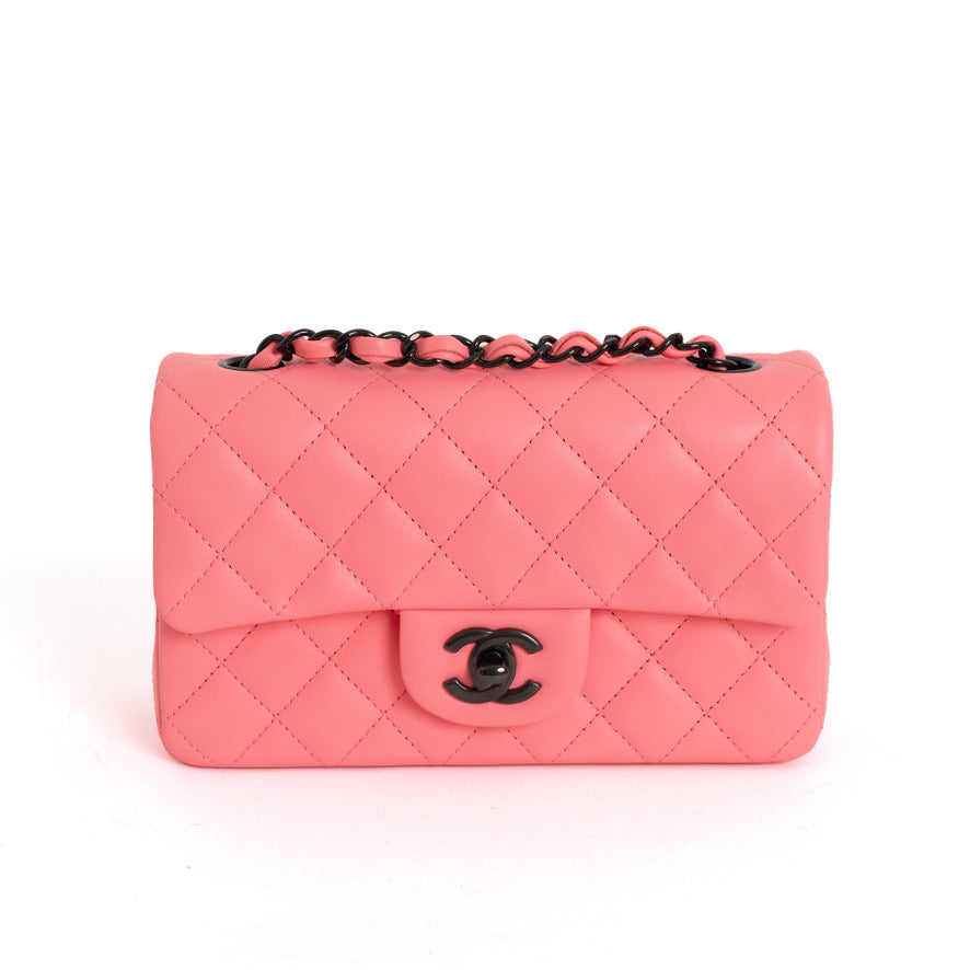 Mini Flap Handbag, Pink Lambskin Black Hardware