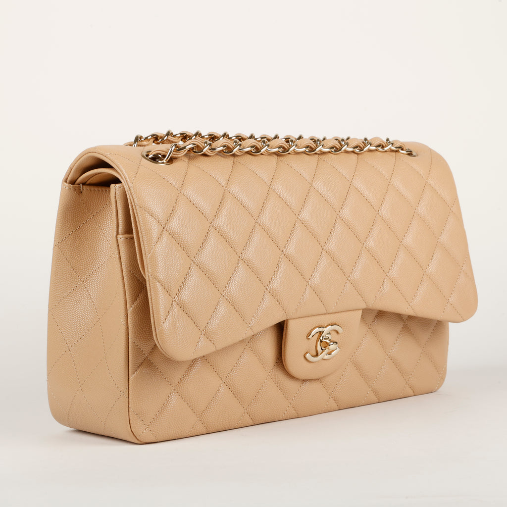 Jumbo Double Flap, Dark Beige Caviar Gold Hardware