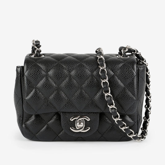 Mini Square Flap, Black Caviar Silver Hardware