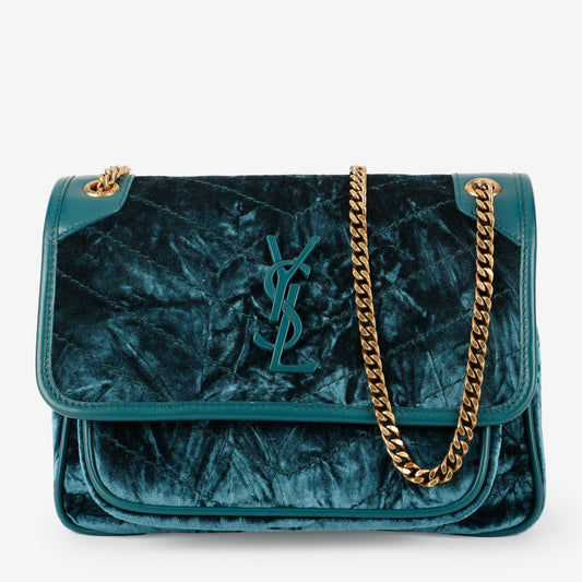 Baby Niki Chain Bag, Teal Crushed Velvet