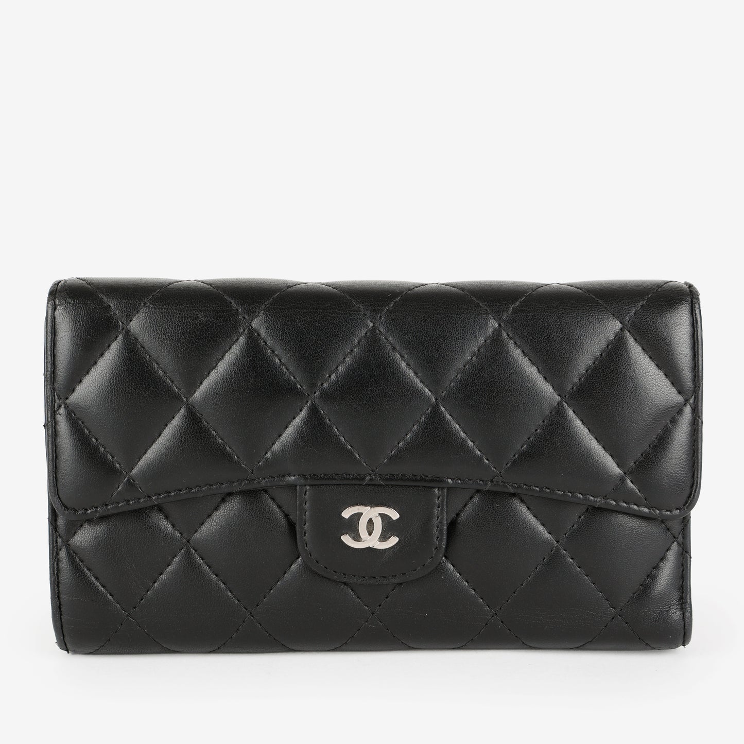 Trifold Lambskin Long Wallet, Black