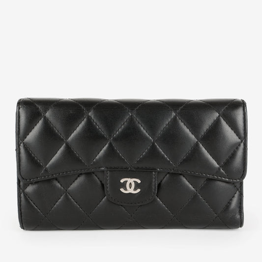 Trifold Lambskin Long Wallet, Black