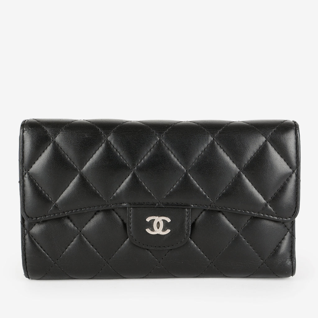 Trifold Lambskin Long Wallet, Black