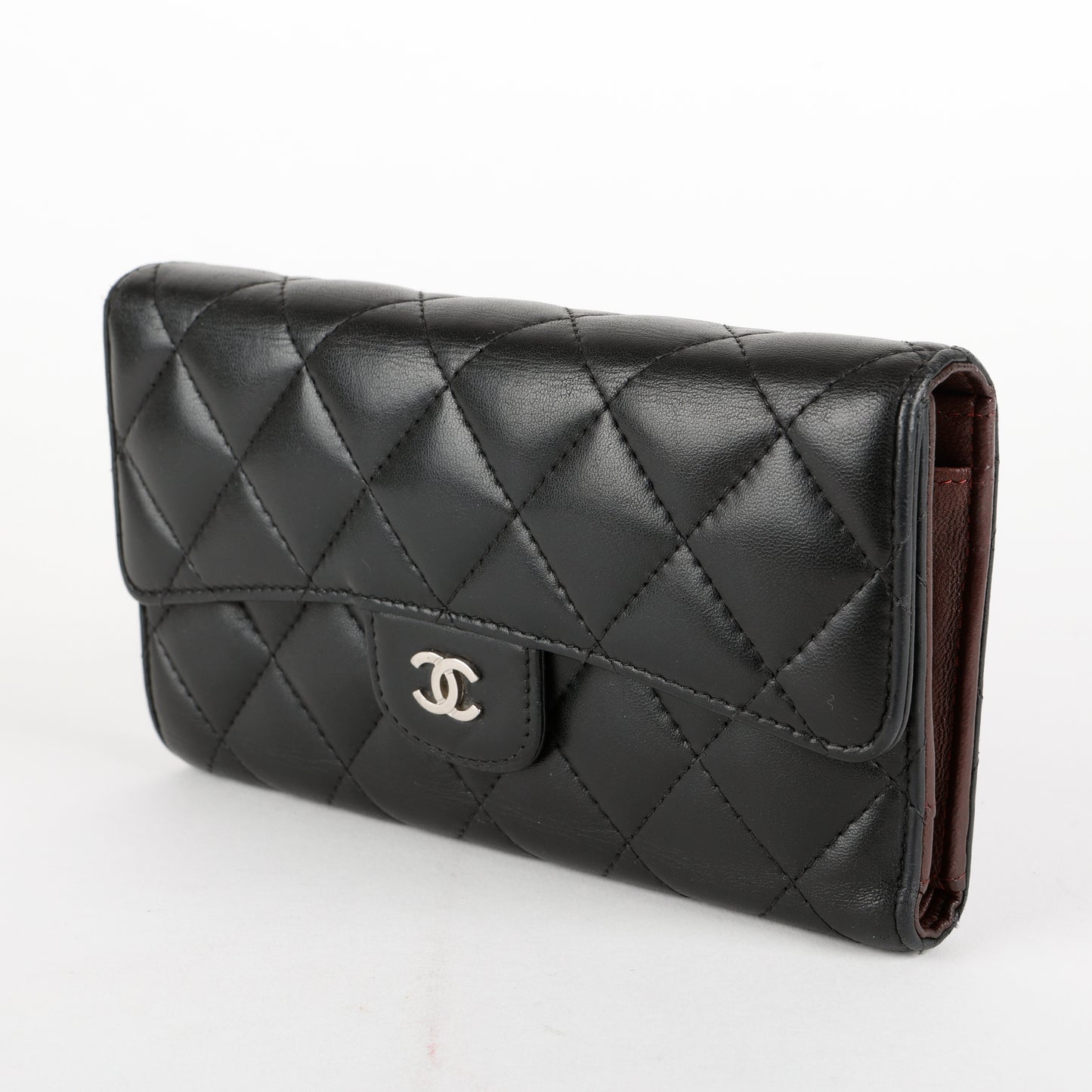 Trifold Lambskin Long Wallet, Black
