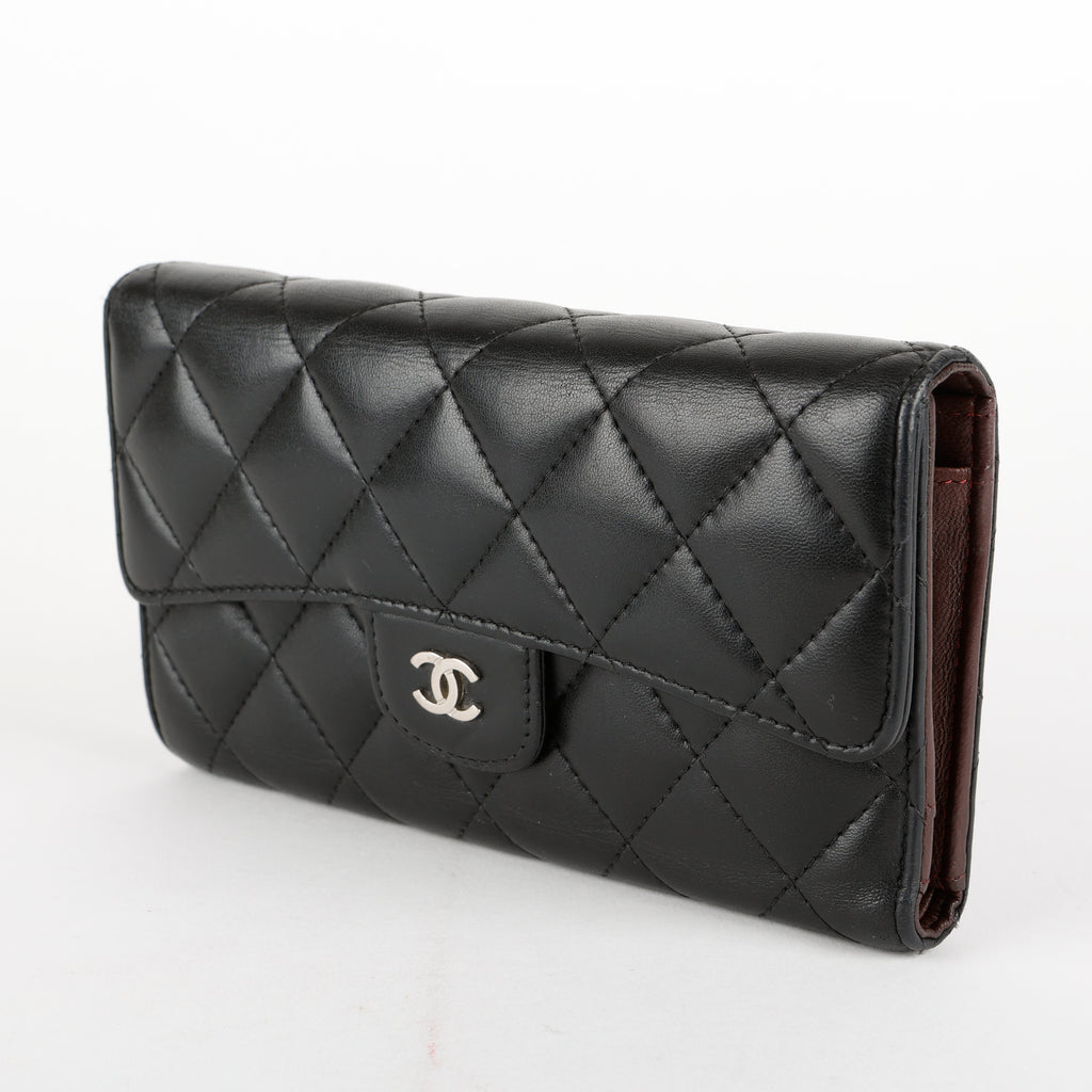 Trifold Lambskin Long Wallet, Black