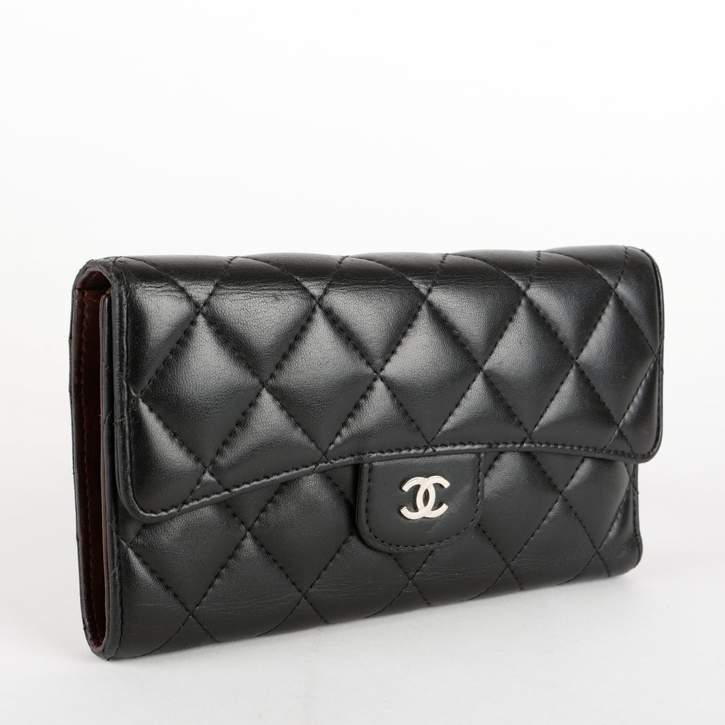 Trifold Lambskin Long Wallet, Black