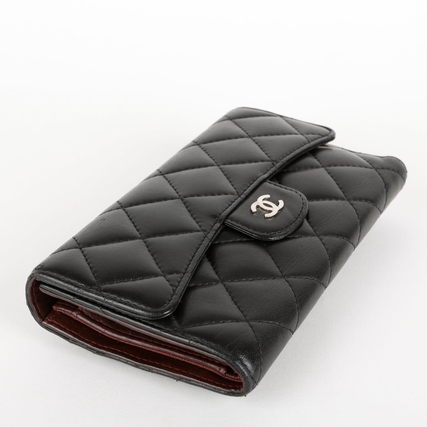 Trifold Lambskin Long Wallet, Black