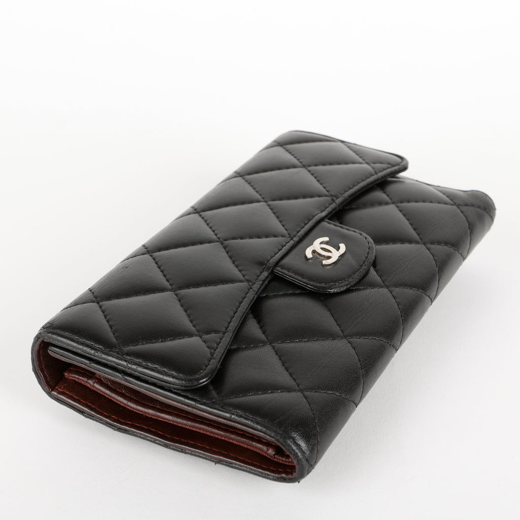 Trifold Lambskin Long Wallet, Black