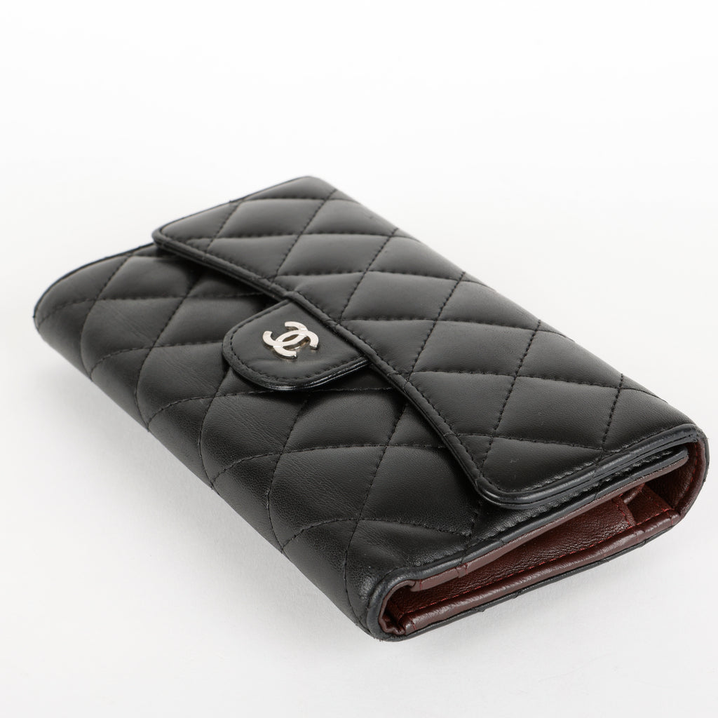 Trifold Lambskin Long Wallet, Black