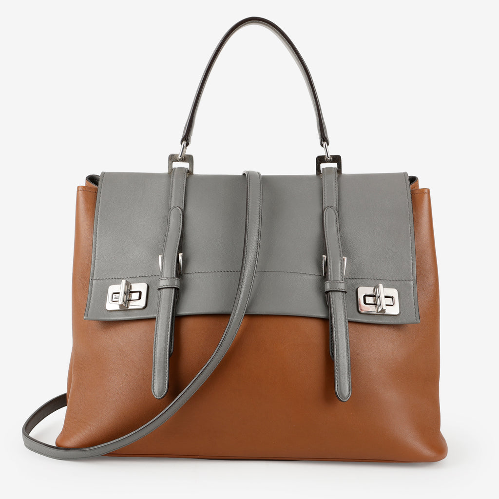 City Calf Double Turn Lock Tote, Grey/Brown (C)