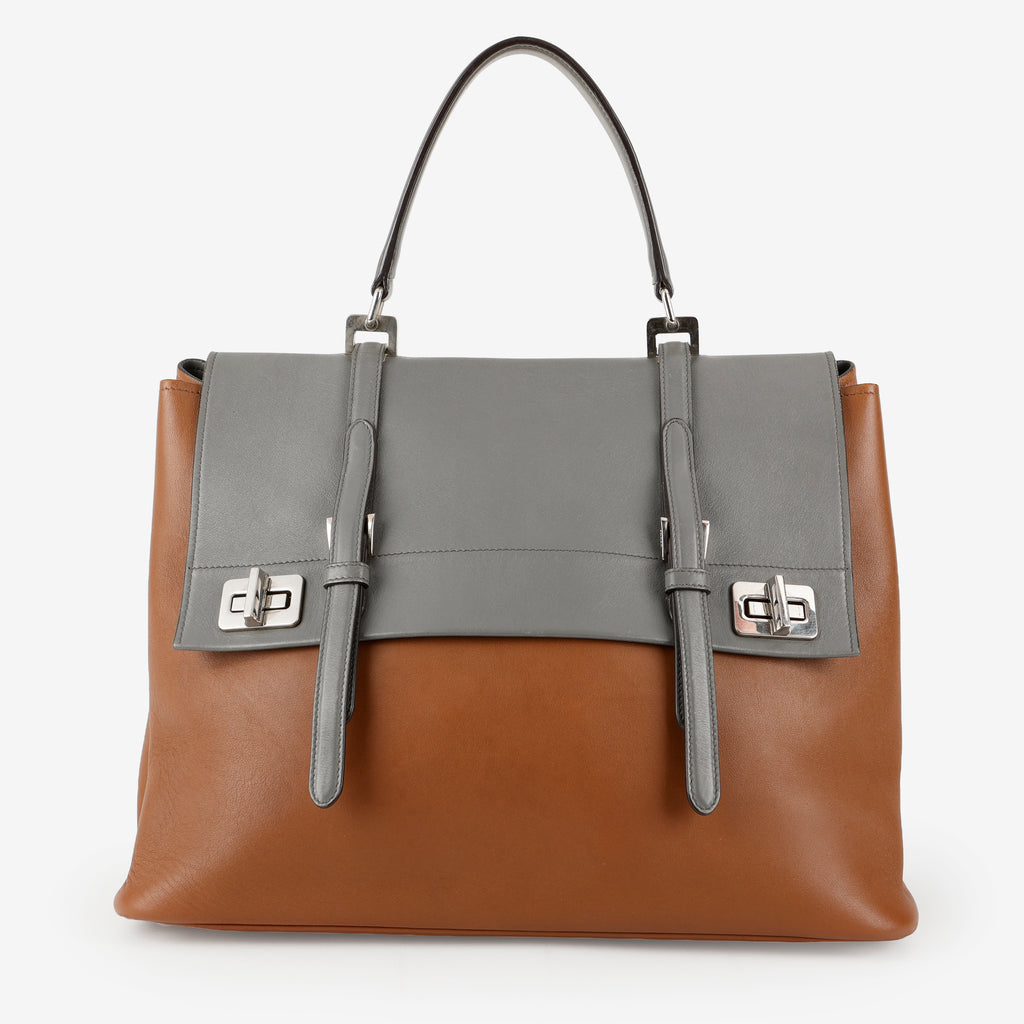 City Calf Double Turn Lock Tote, Grey/Brown (C)