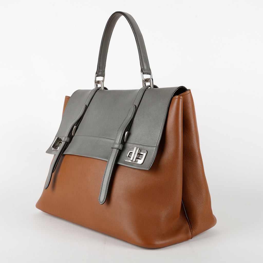 City Calf Double Turn Lock Tote, Grey/Brown (C)
