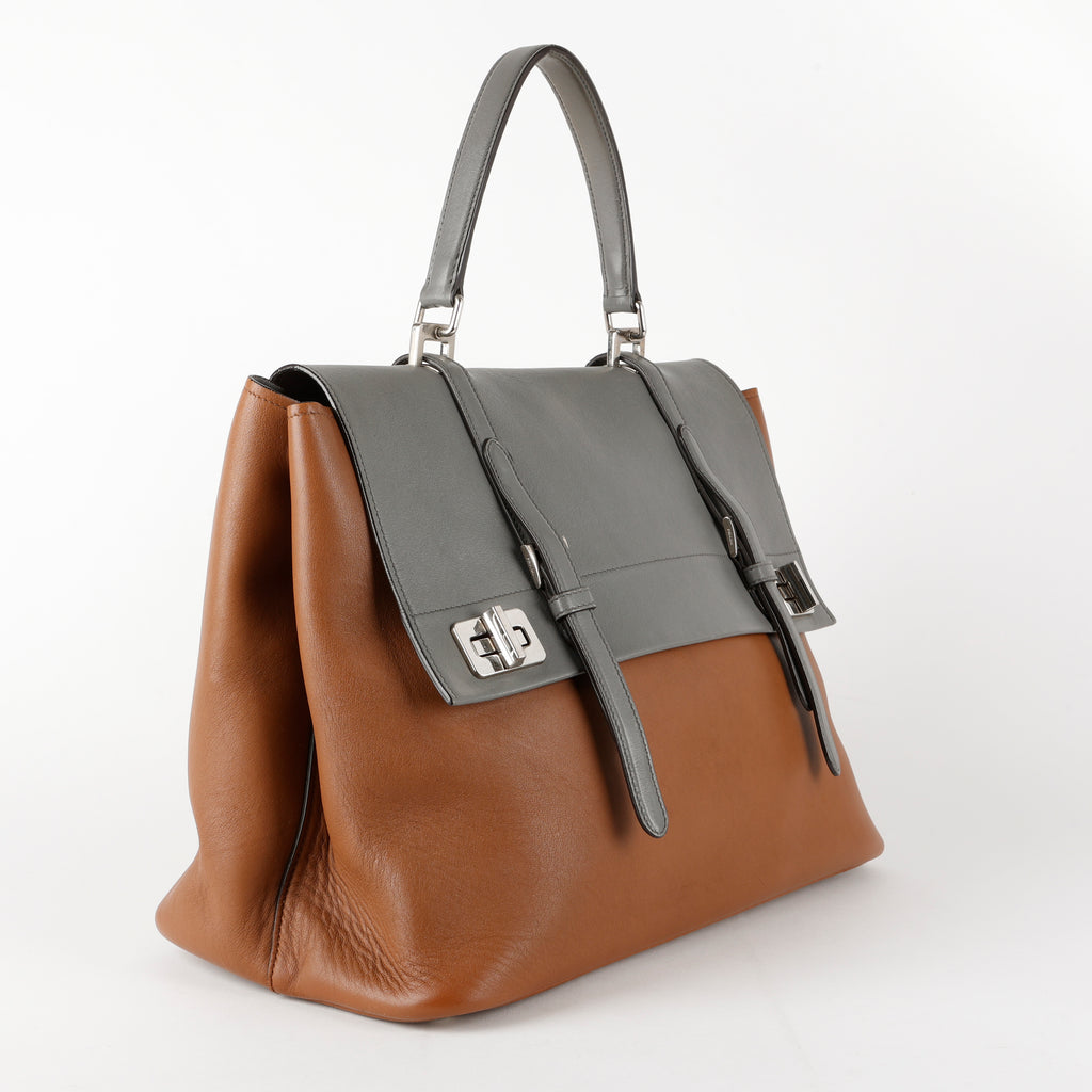 City Calf Double Turn Lock Tote, Grey/Brown (C)