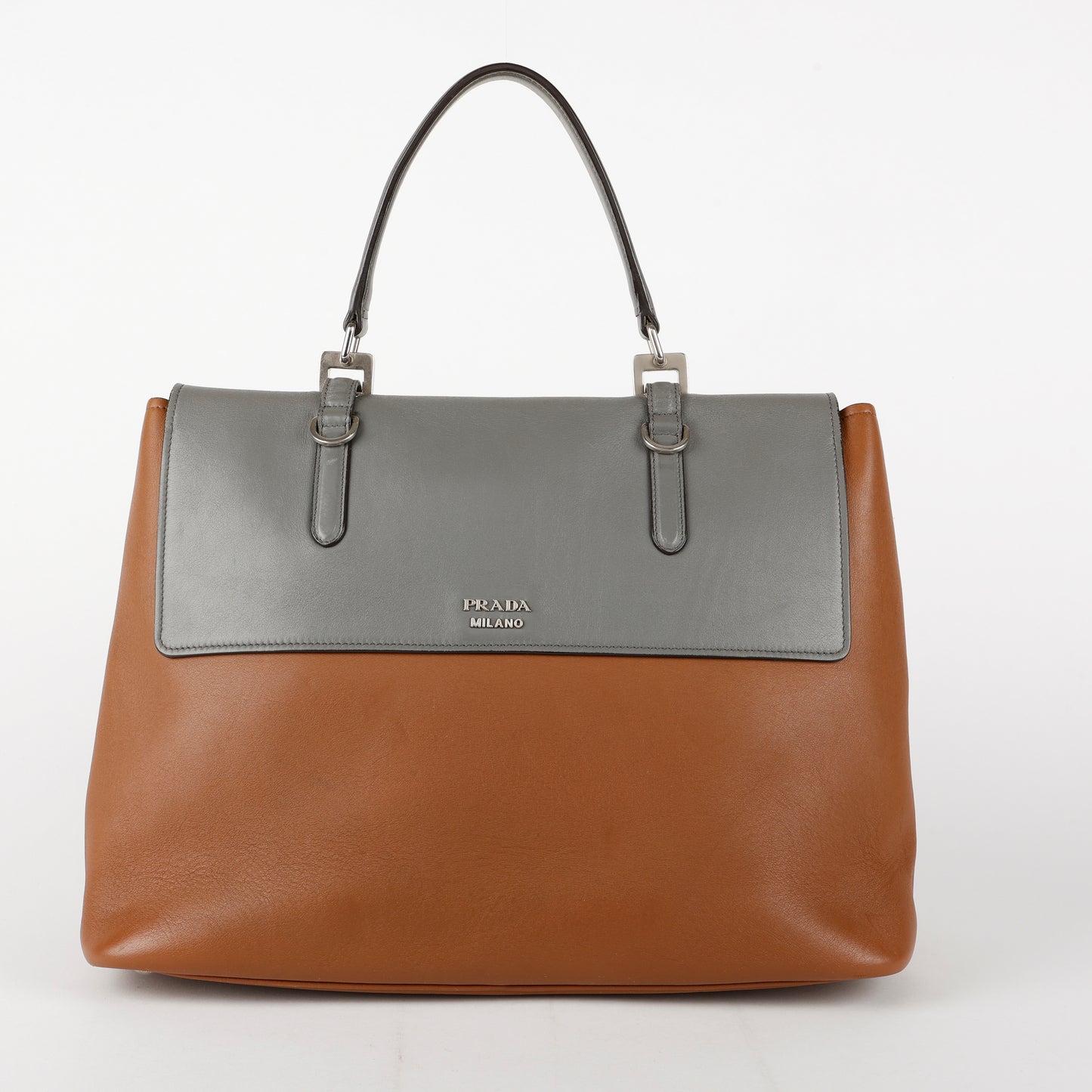 City Calf Double Turn Lock Tote, Grey/Brown (C)