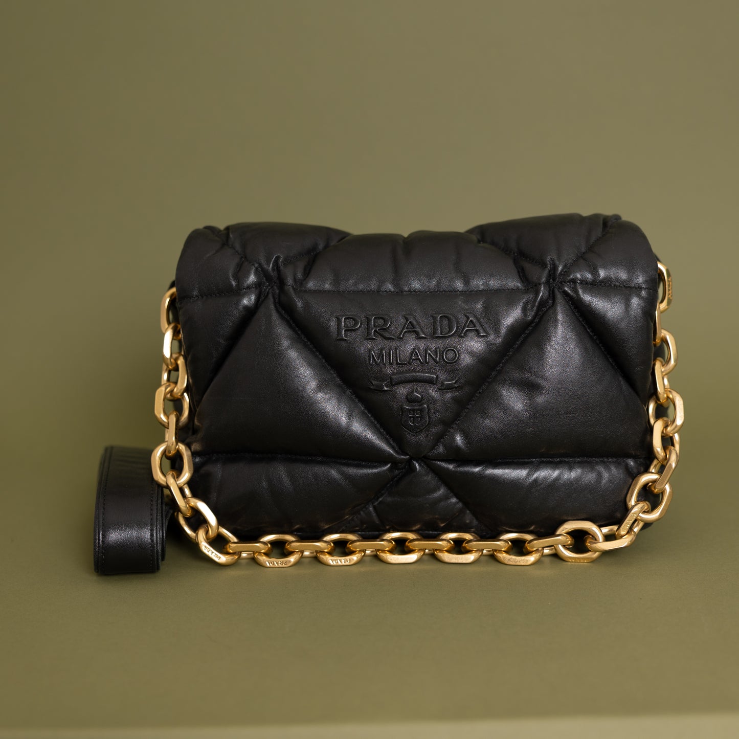 Nappa Soft Padded Logo Embossed Triangle Quilted Bag Black